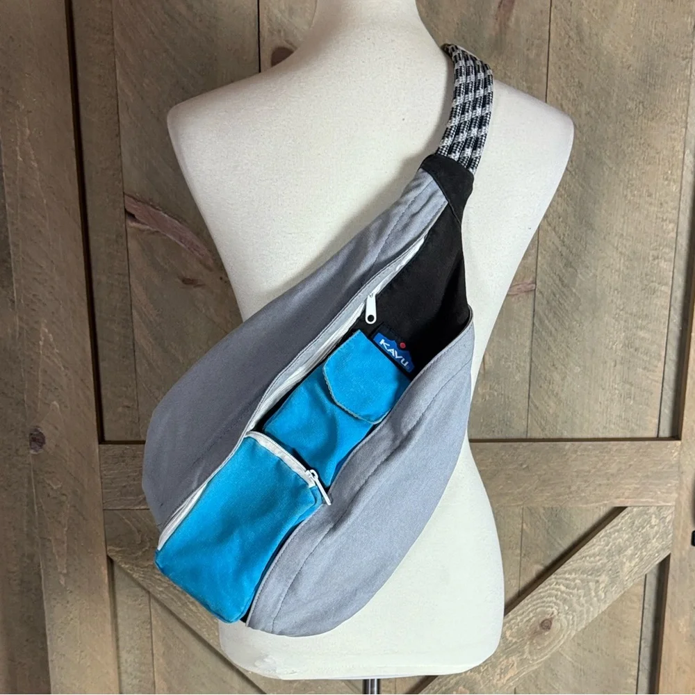 Kavu blue and gray Original rope sling bag with adjustable straps